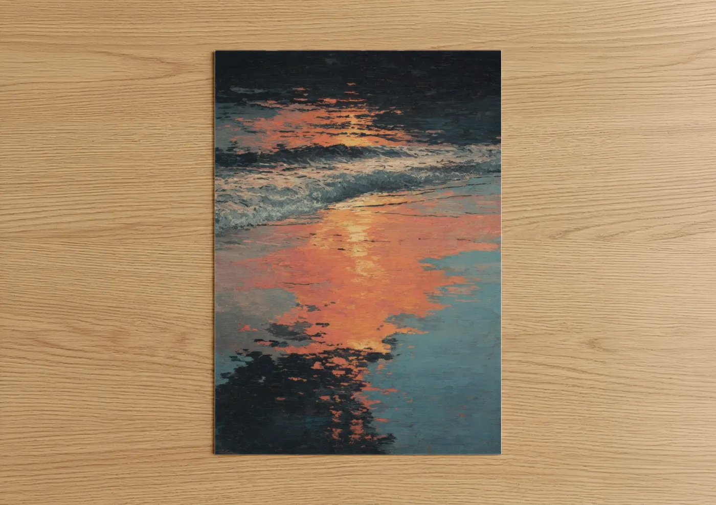Beach sunrise and sunsets art print on warm oak wood — gold and teal palette — Golden Tide Sunrise poster