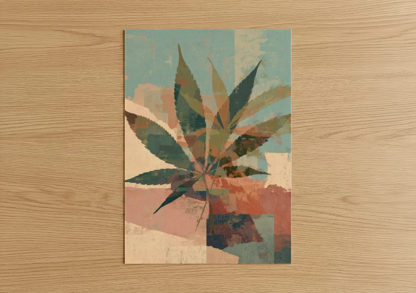 Marijuana art print on warm oak wood — peach and sage green palette — Retro Botanical Cannabis poster