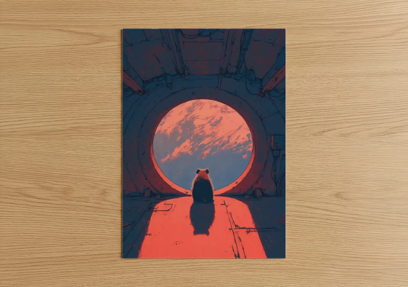 Art print on warm oak wood — orange and blue palette — Cosmic Guinea Pig poster