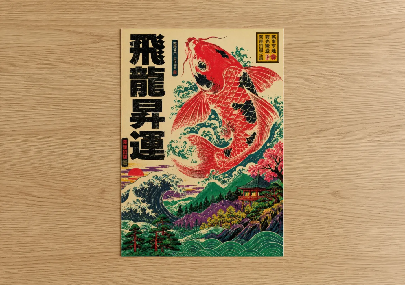 Art print on warm oak wood — red and teal palette — Japanese Koi Fish Ocean Wall Art poster