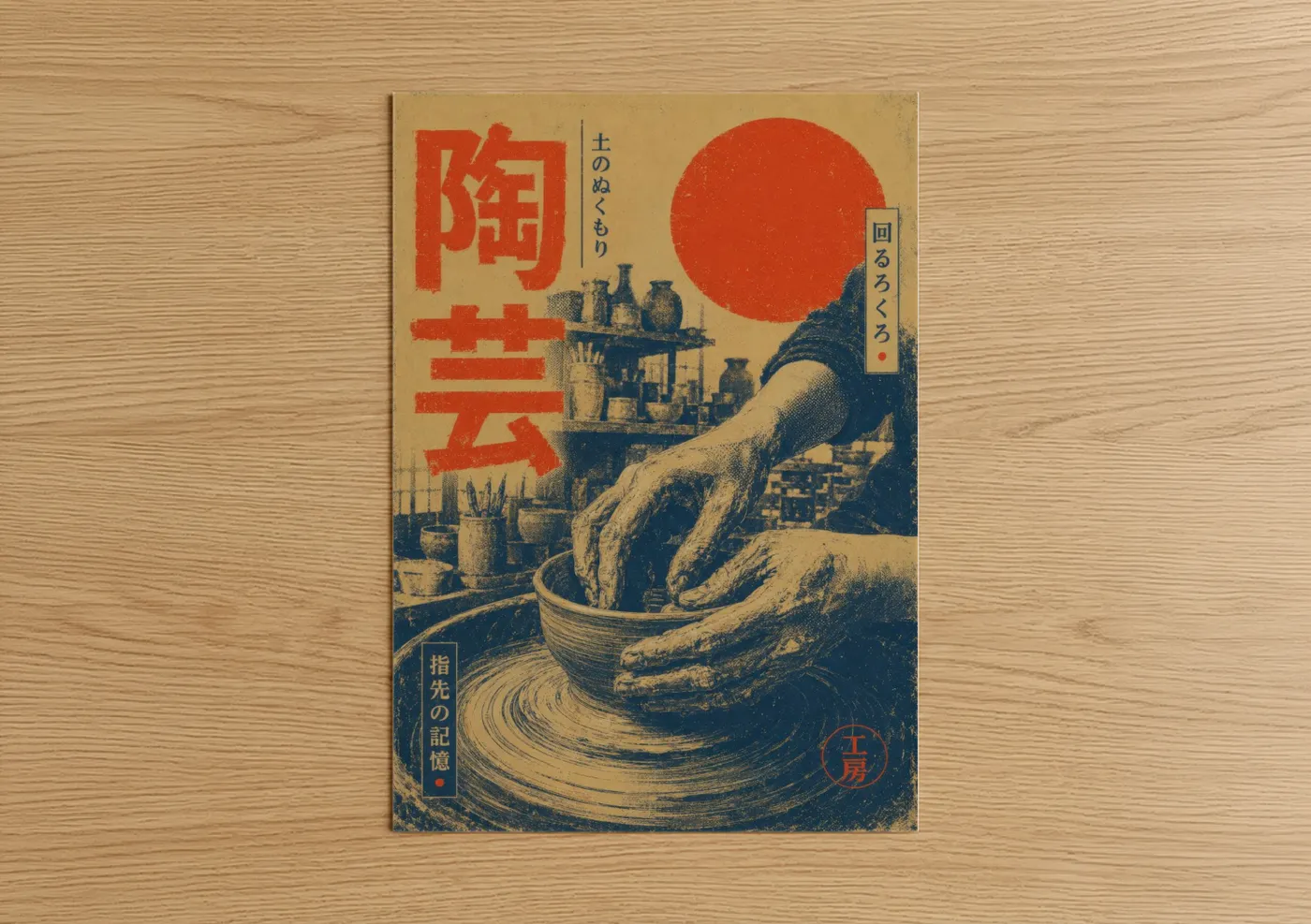 Art print on warm oak wood — beige and red palette — Japanese Pottery Craft Wall Art poster