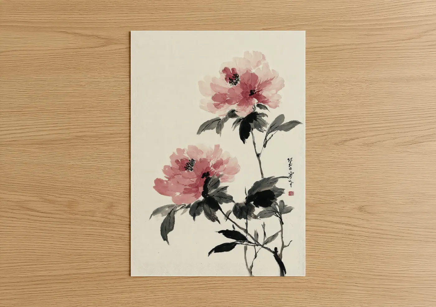 Pink Peony Pair Japanese Watercolor Wall Art