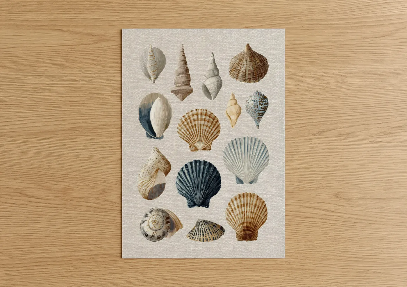 Art print on warm oak wood — cream palette — Vintage Seashell Collection poster