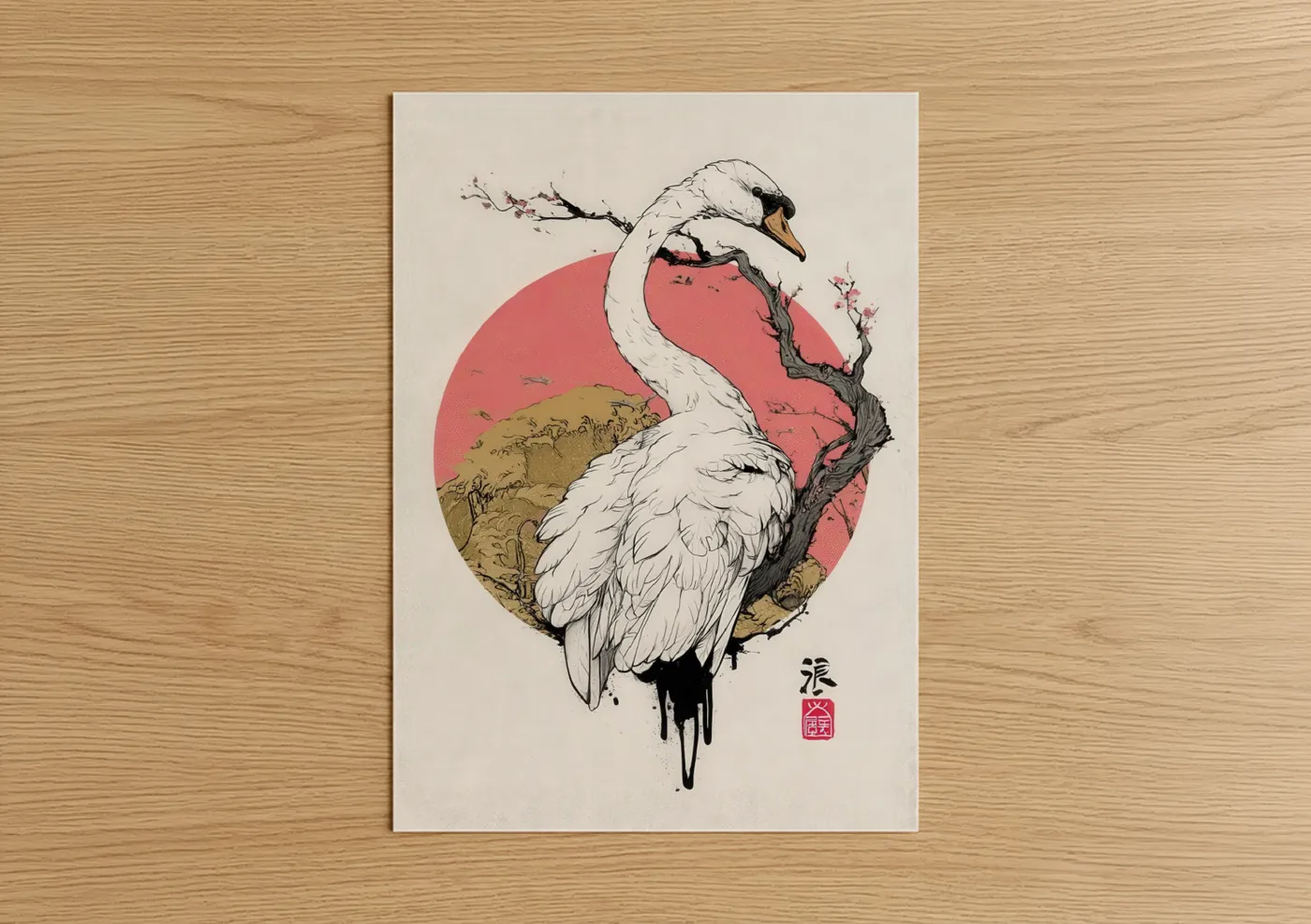 White Swan Red Sun Japanese Wall Art