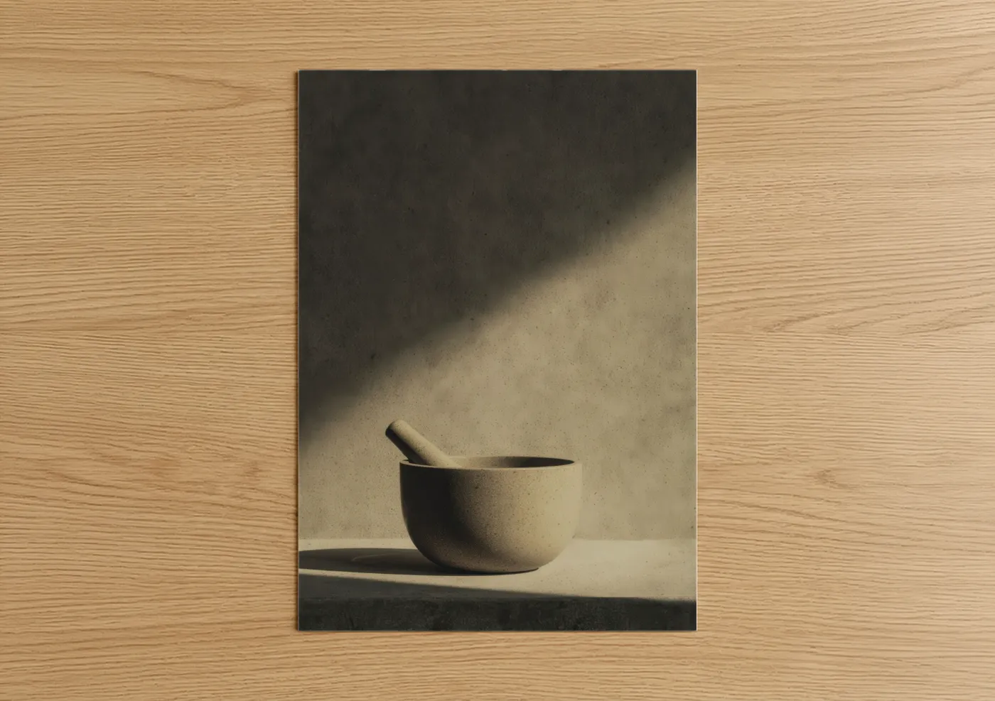 Kitchen utensils art print on warm oak wood — beige and black palette — Minimal Mortar poster