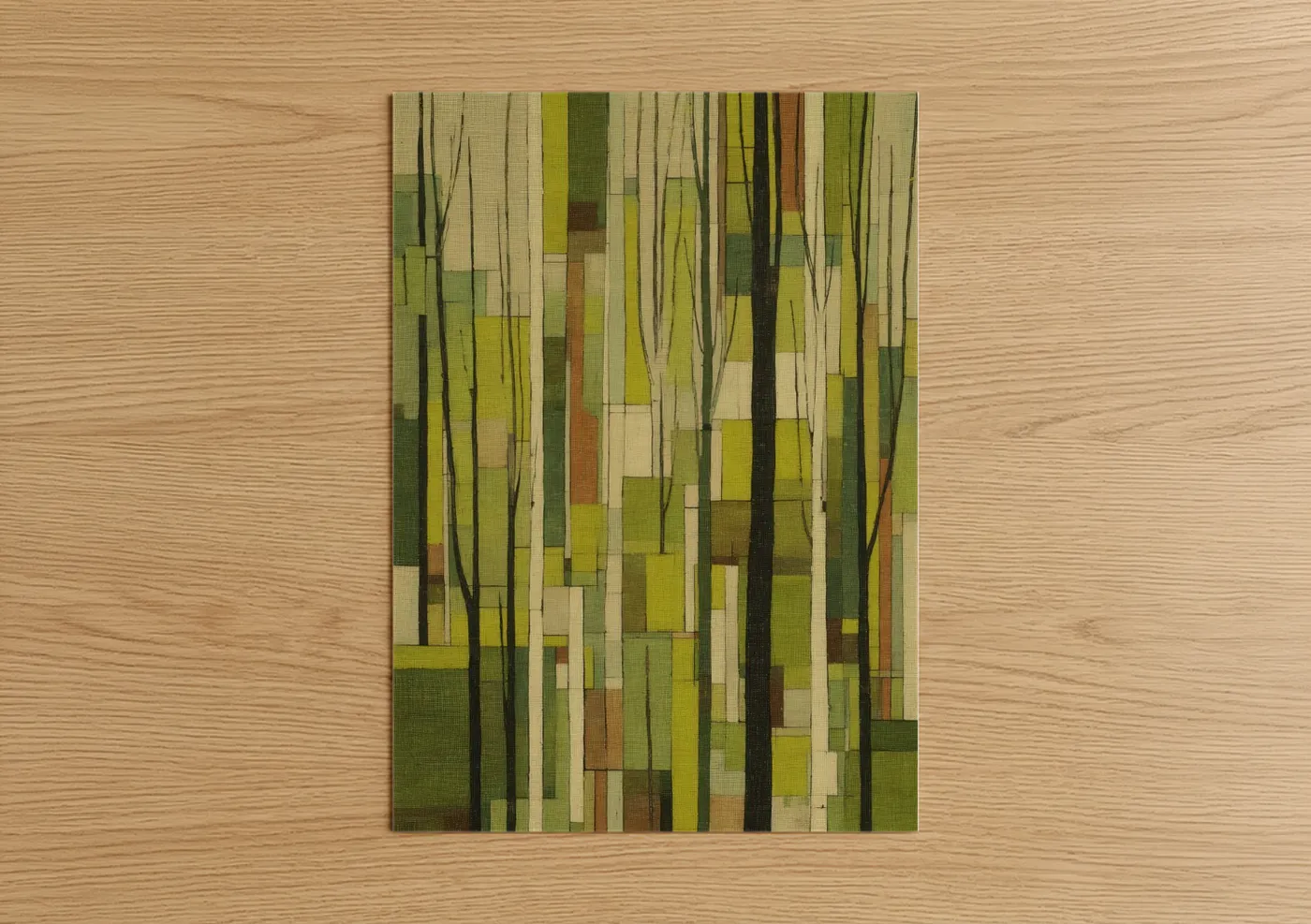 Linden tree art print on warm oak wood — green and cream palette — Linden Grove Abstract poster