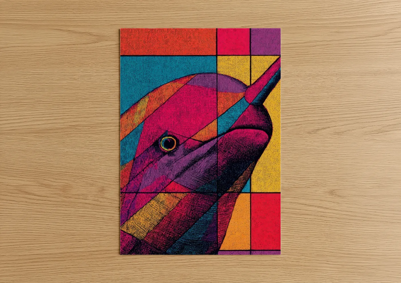 Art print on warm oak wood — magenta and turquoise palette — Colorful Narwhal poster