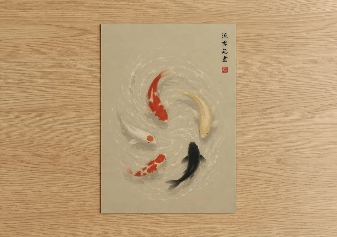 Art print on warm oak wood — beige and cream palette — Japanese Koi Fish Zen Wall Art poster