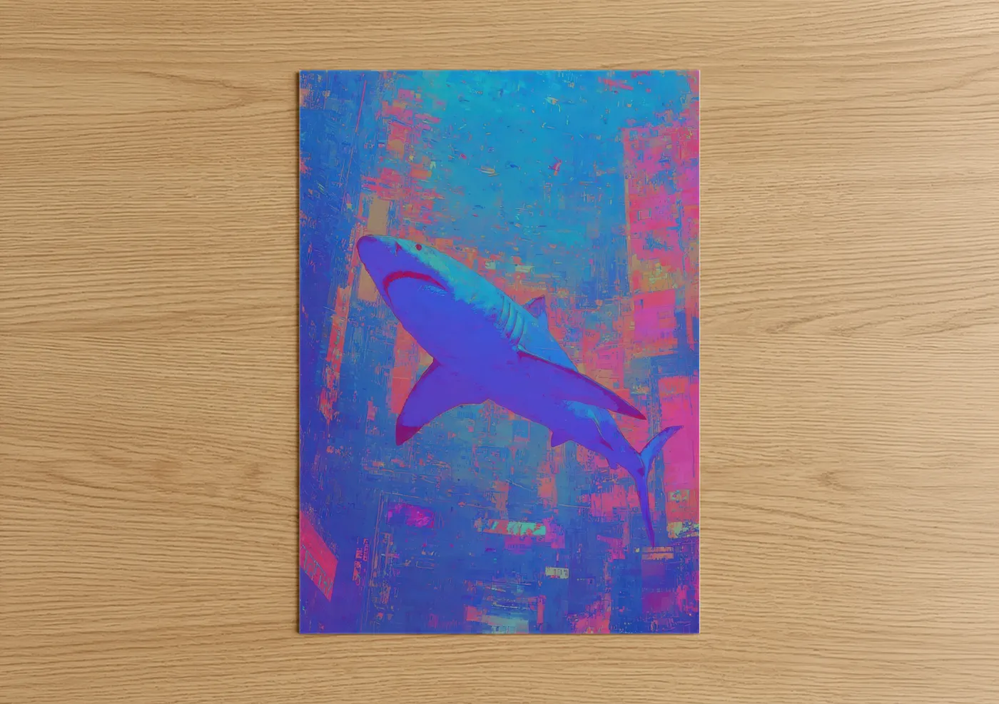 Art print on warm oak wood — blue and magenta palette — Neon Blue Shark poster