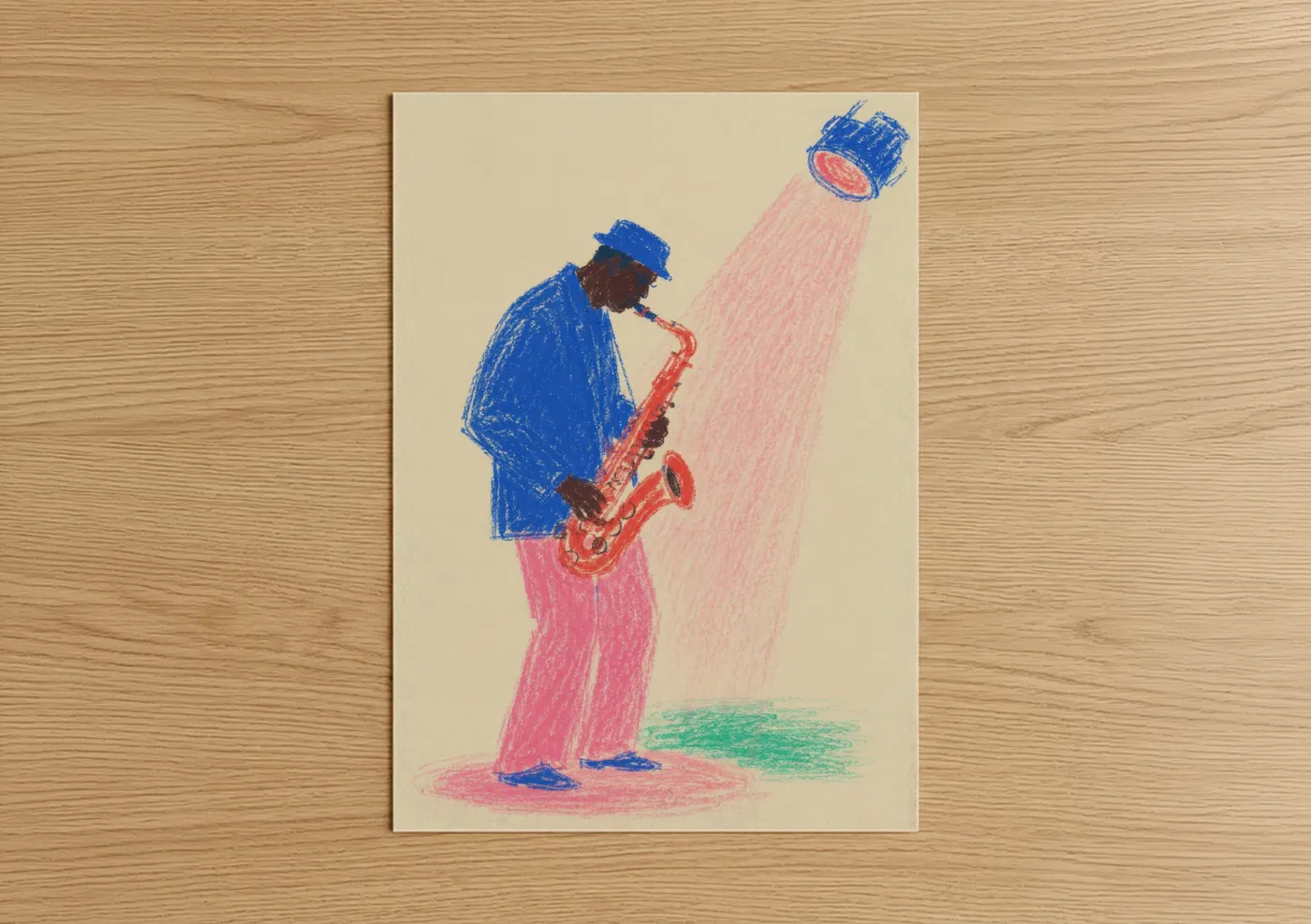 Art print on warm oak wood — blue and pink palette — Jazz Saxophonist Under Spotlight Wall Art poster