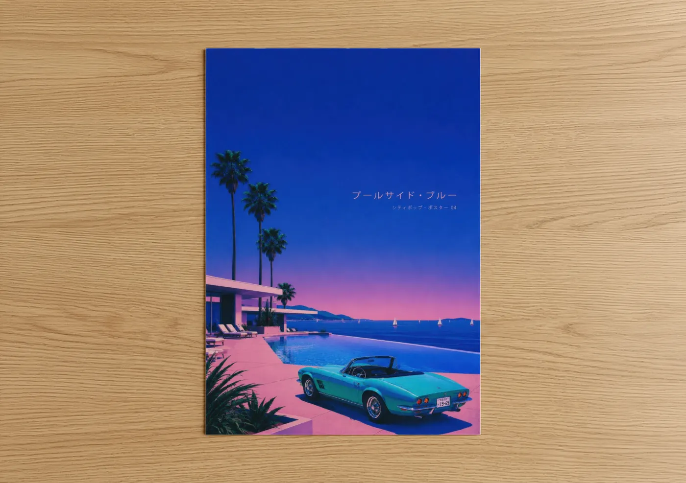 Car art print on warm oak wood — blue and pink palette — Retro Coastal Drive Japanese Wall Art poster
