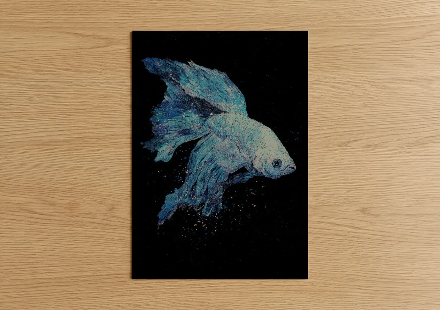 Art print on warm oak wood — blue and turquoise palette — Iridescent Betta Fish poster