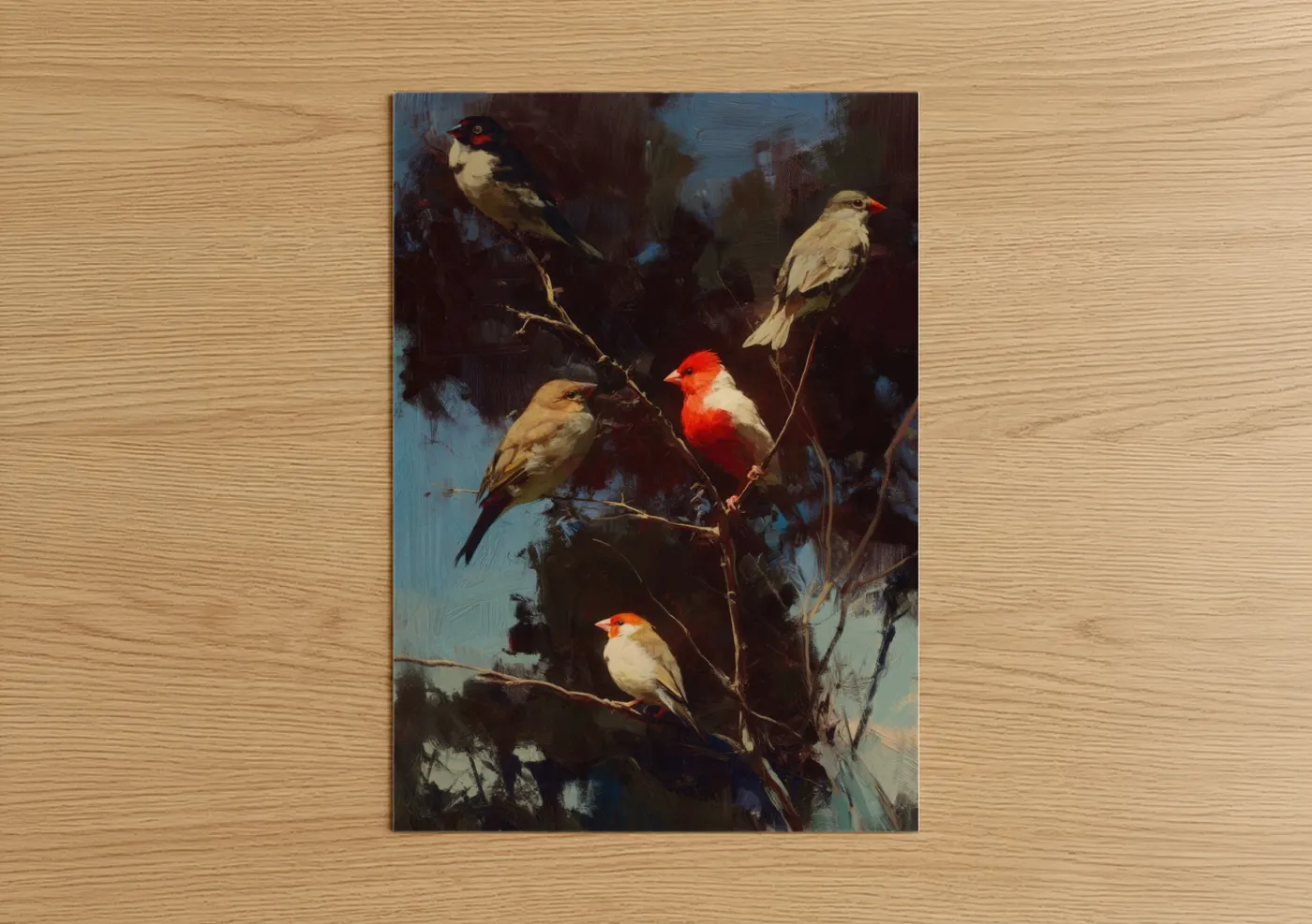 Red Cardinal Finch Birds Branch Painting Wall Art