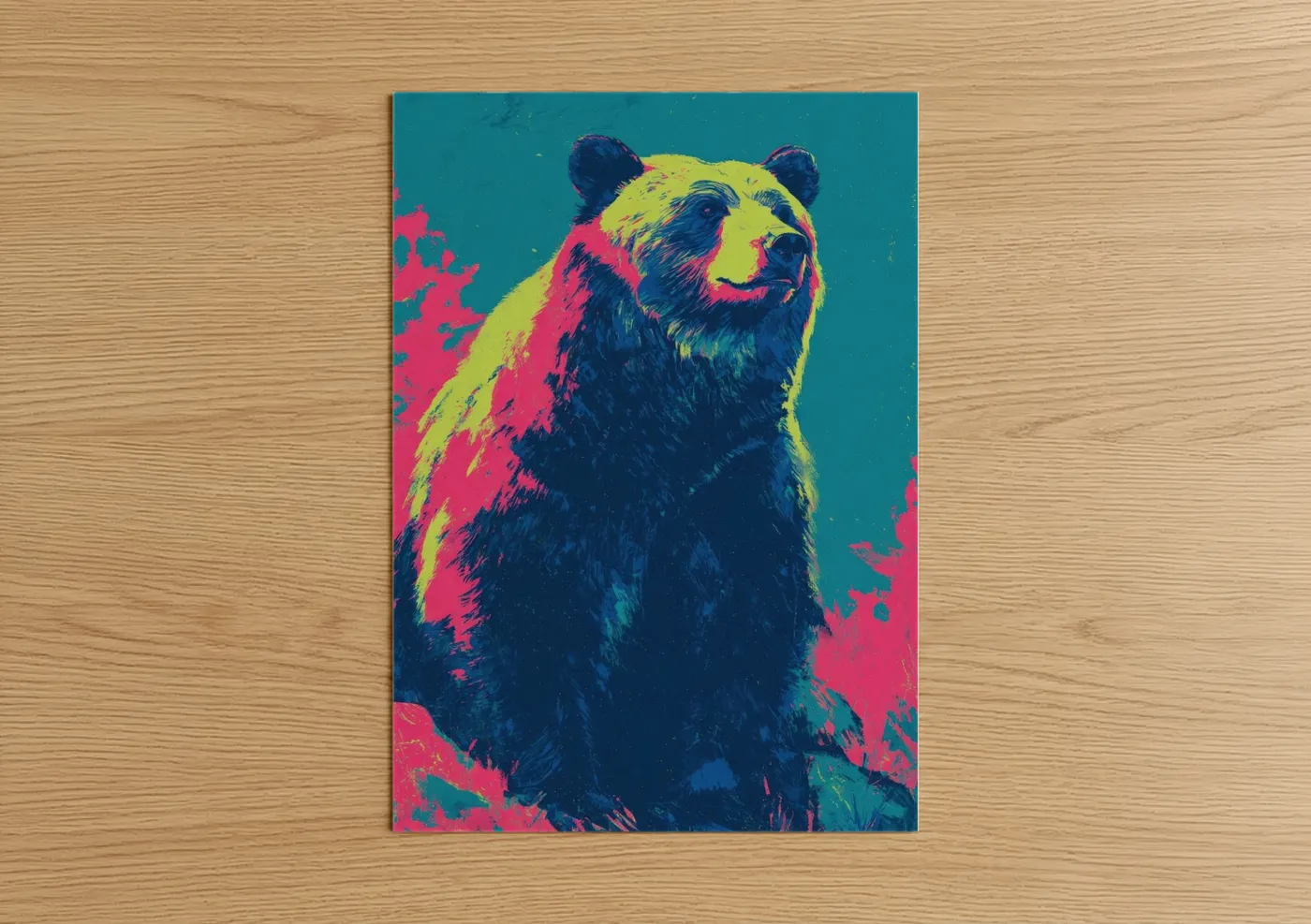 Grizzly bear art print on warm oak wood — magenta and teal palette — Neon Grizzly poster