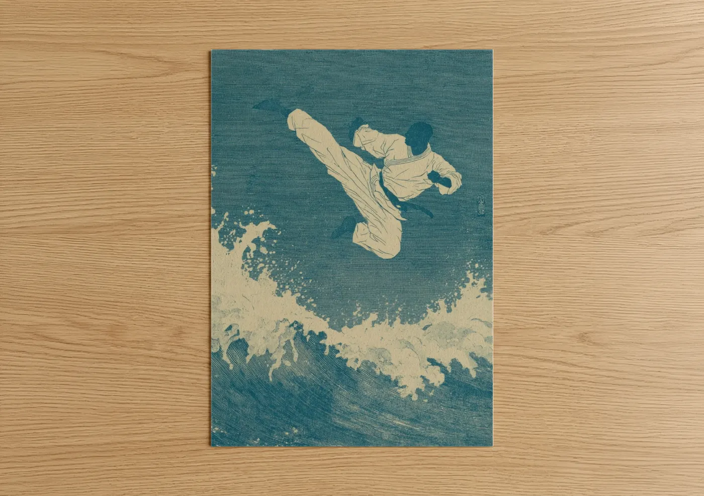 Kick boxing art print on warm oak wood — teal and cream palette — Aerial Kick Warrior poster
