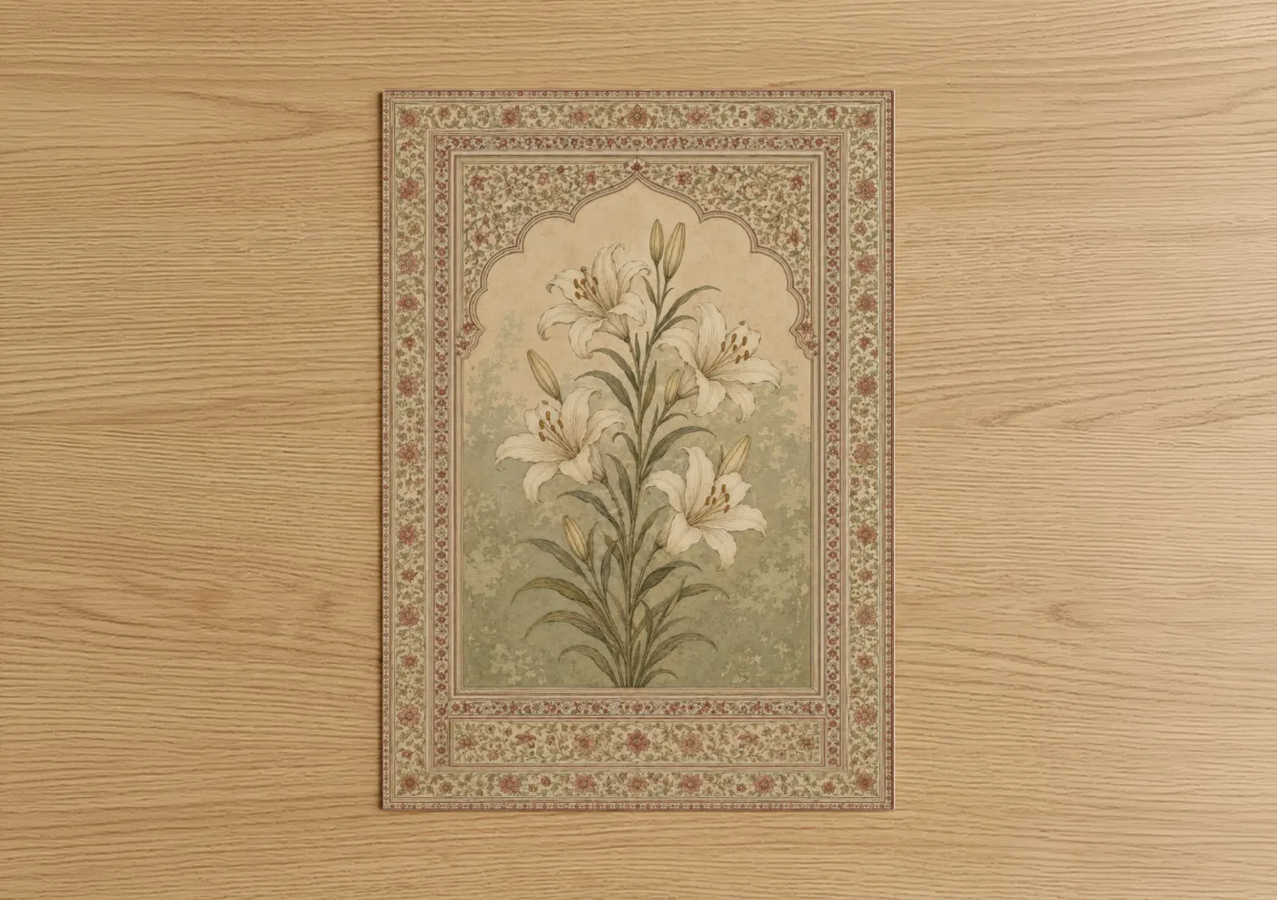 Art print on warm oak wood — beige and cream palette — Traditional Persian Lily Wall Art poster