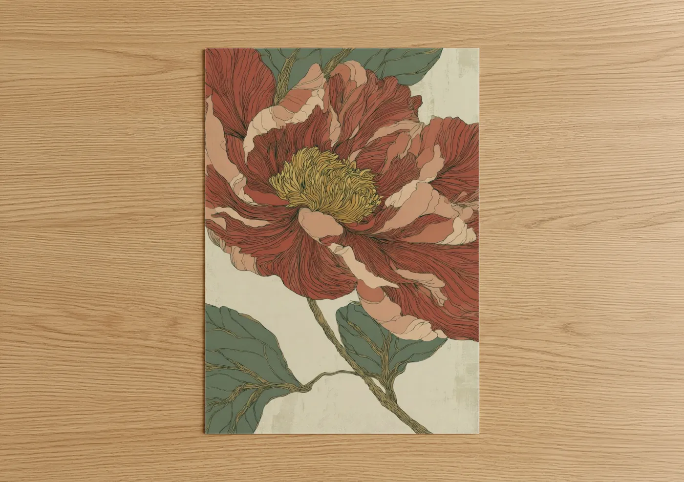 Art print on warm oak wood — russet and sage green palette — Crimson Peony Bloom poster