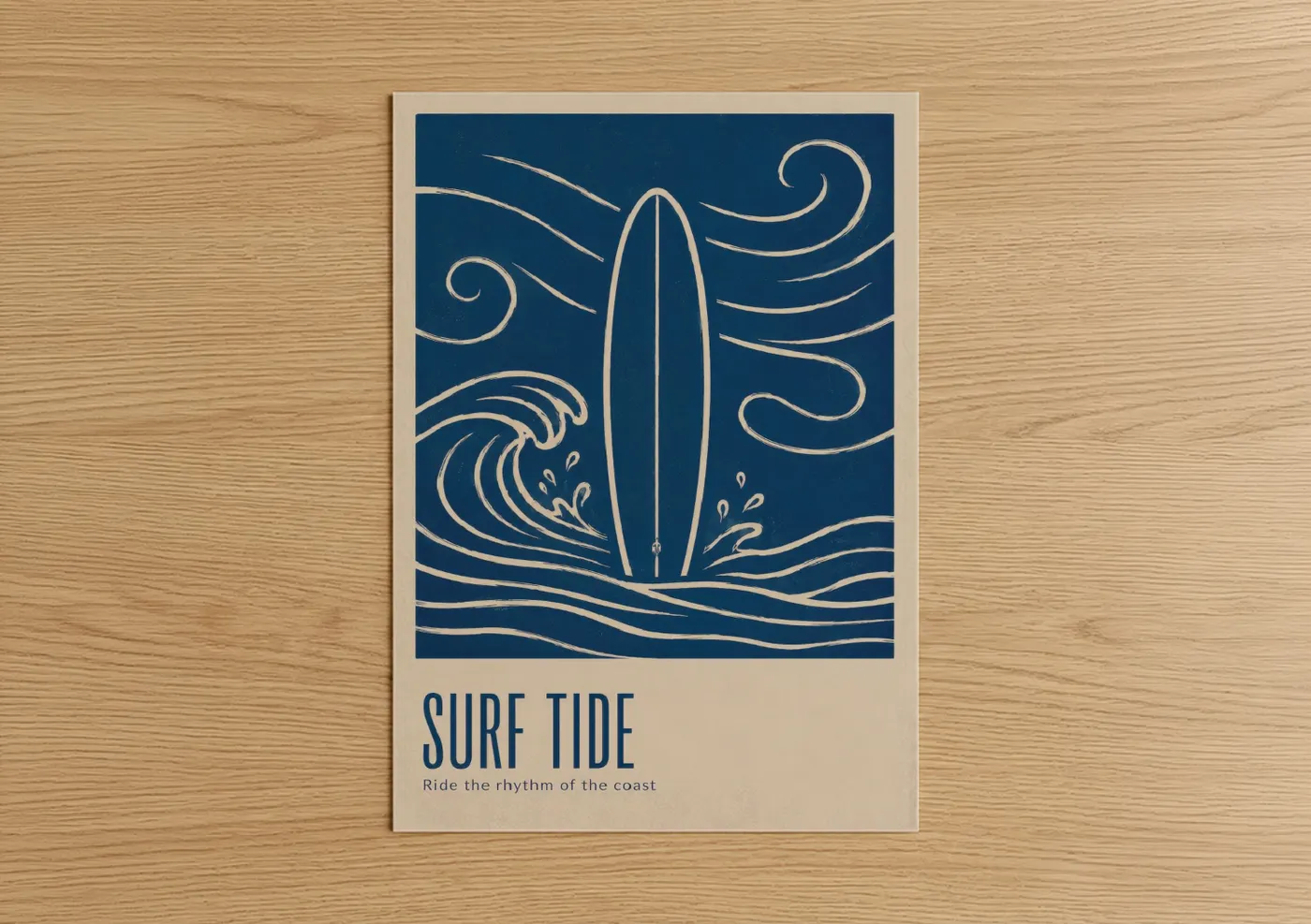 Surfing art print on warm oak wood — blue and cream palette — Surfboard Ocean Waves Line Art Wall Art poster