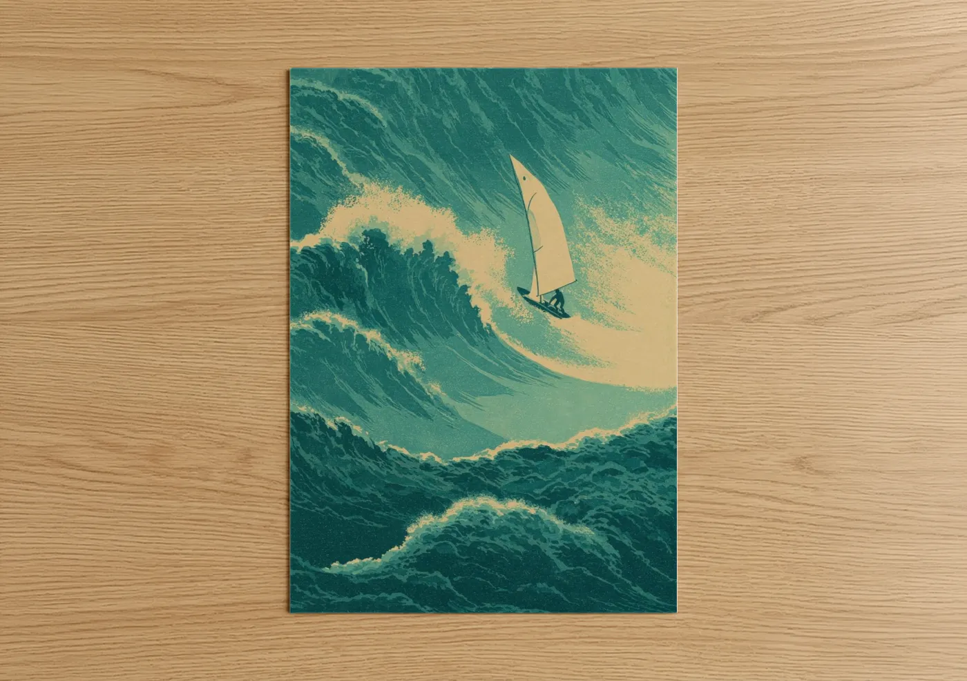 Windsurfing art print on warm oak wood — teal and cream palette — Wave Rider poster