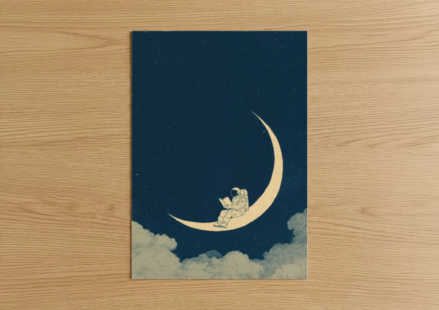 Astronaut Reading on Crescent Moon Wall Art