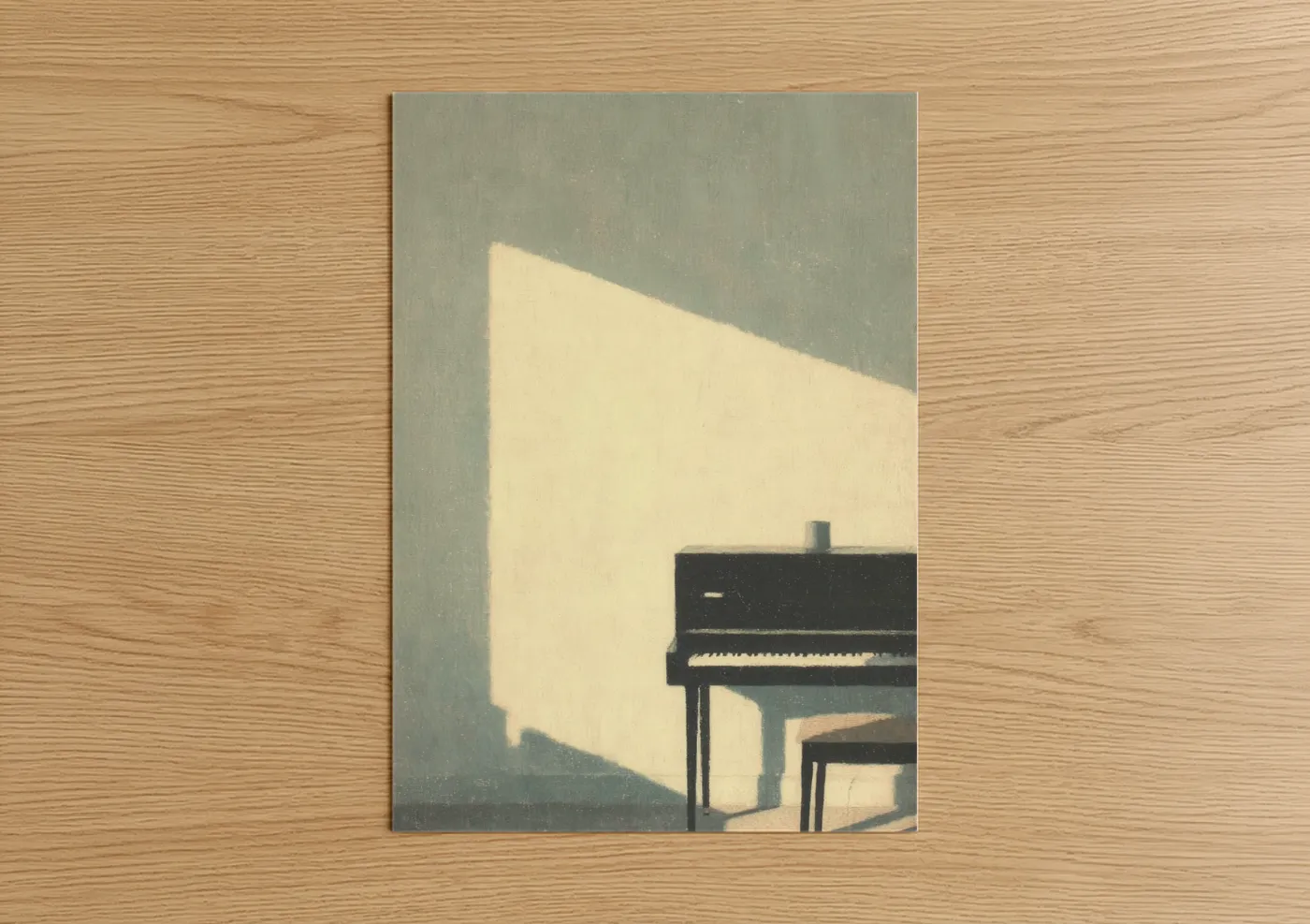 Keyboard art print on warm oak wood — cream and gray palette — Sunlit Piano poster