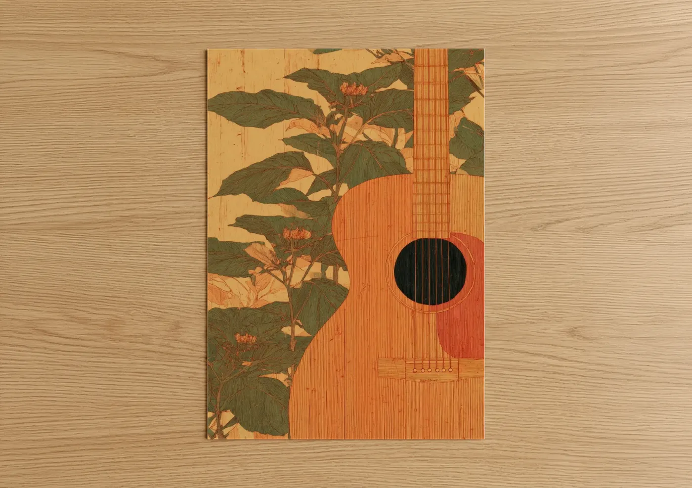 Art print on warm oak wood — gold and dark green palette — Floral Acoustic Guitar poster
