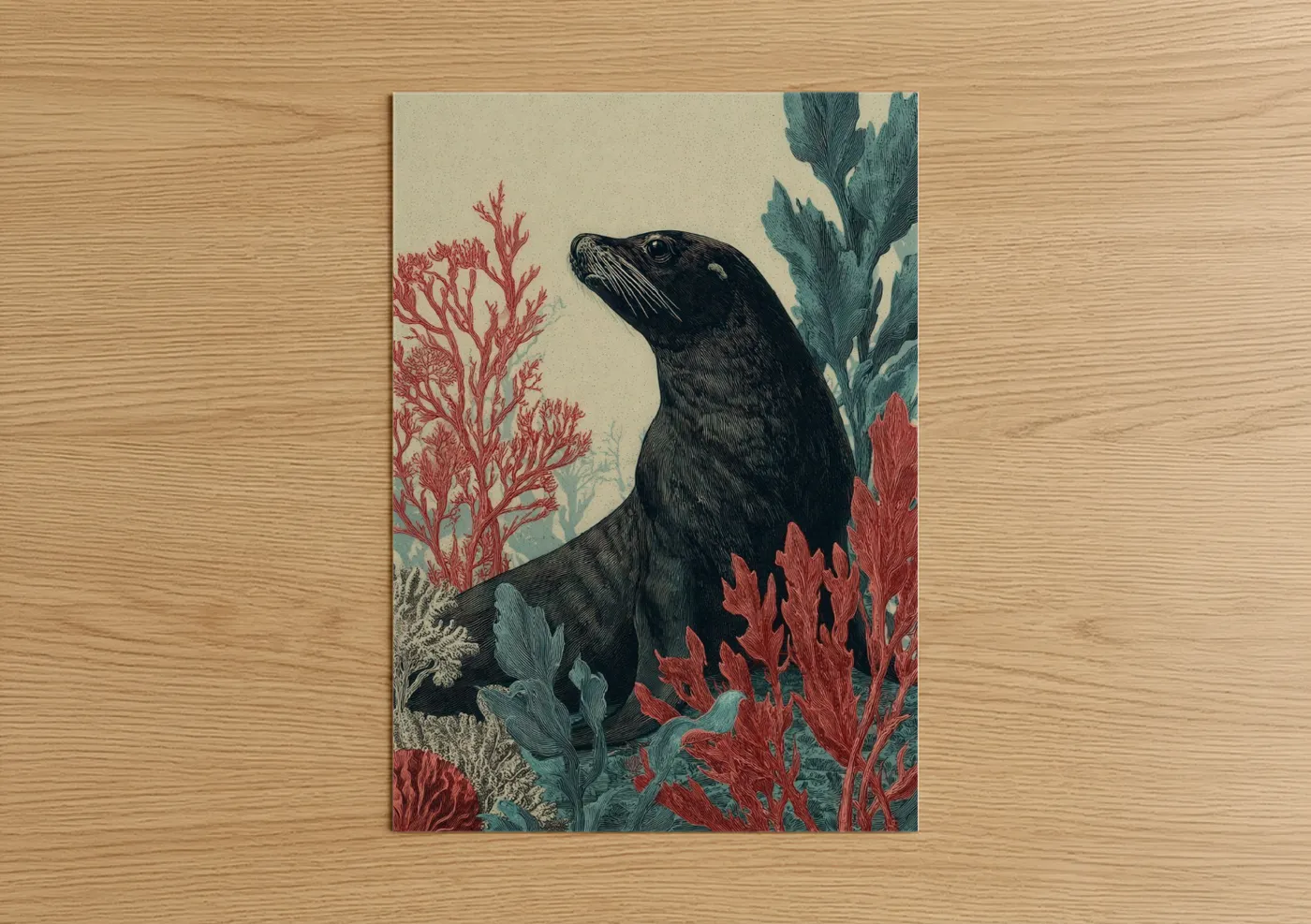 Art print on warm oak wood — cream and teal palette — Coastal Sea Lion poster