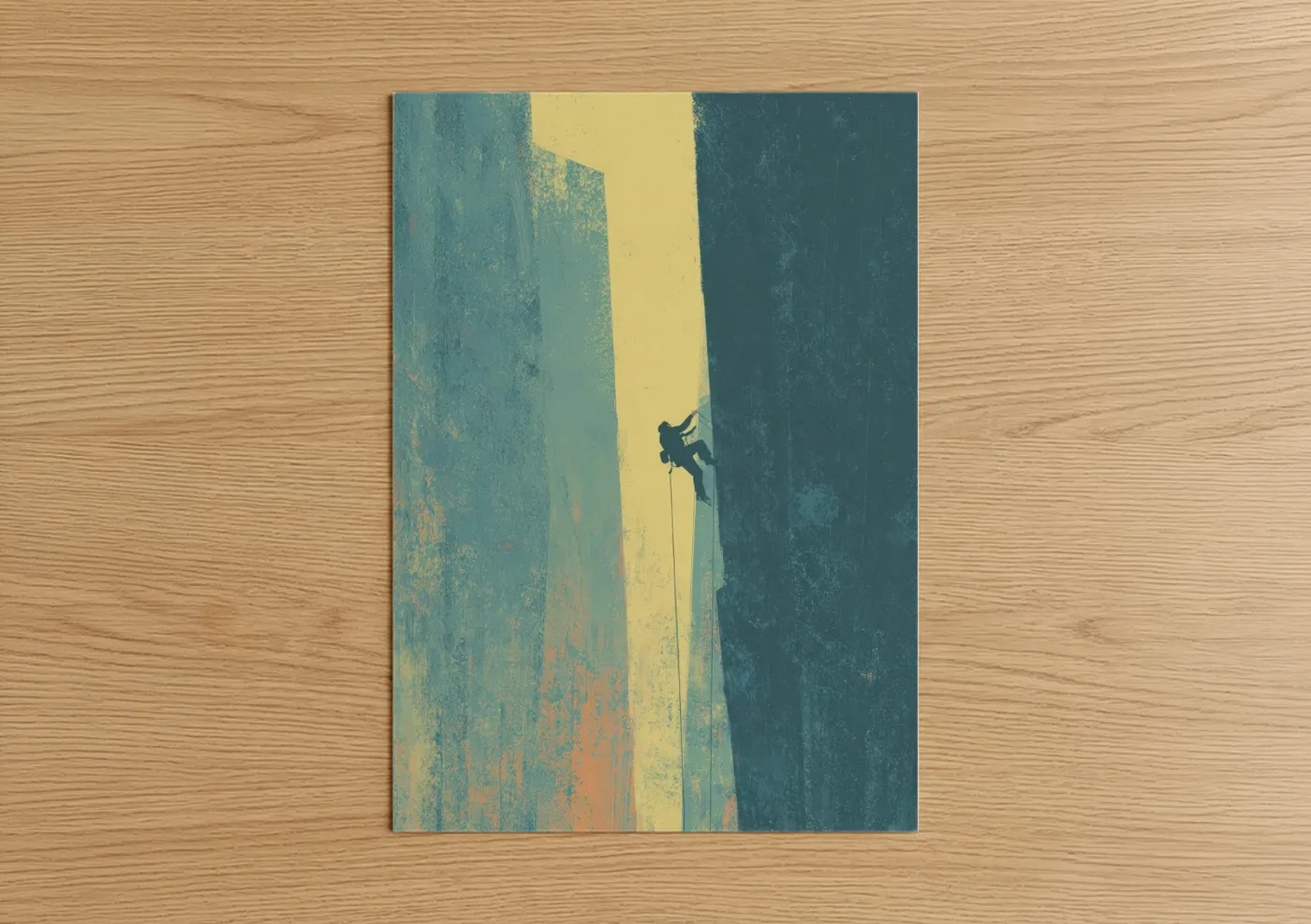 Rock climbing art print on warm oak wood — teal and yellow gold palette — Sunlit Climber poster