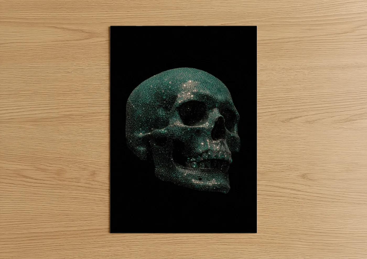 Art print on warm oak wood — teal and black palette — Glowing Skull poster
