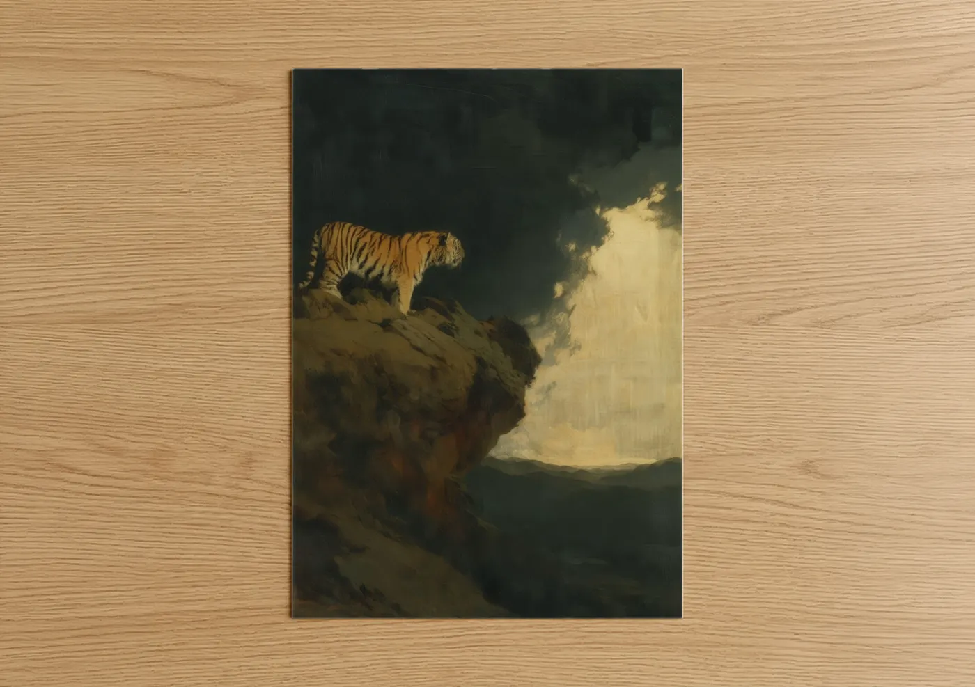 Art print on warm oak wood — gold and black and gold palette — Summit Tiger poster