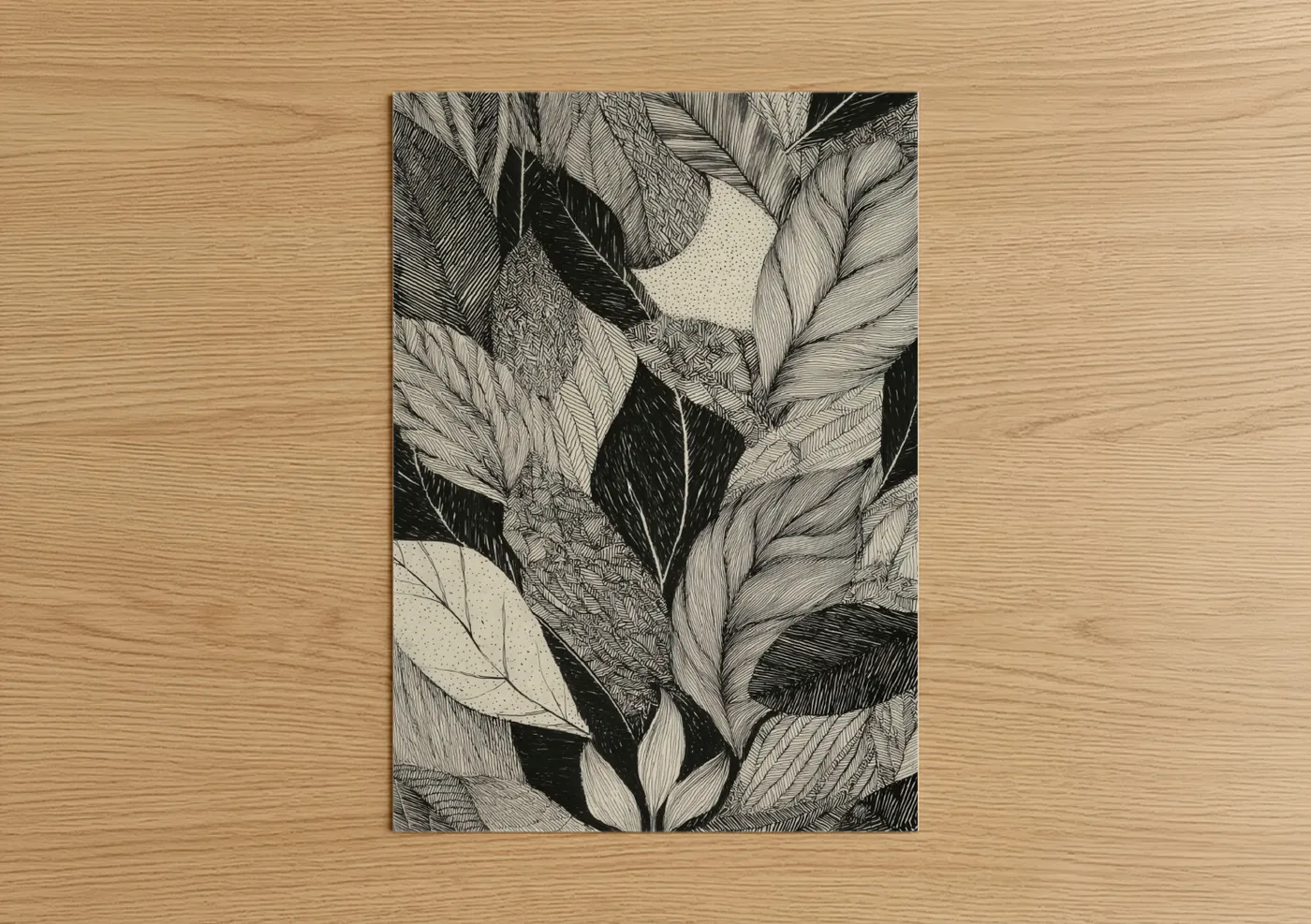 Art print on warm oak wood — black and white palette — Abstract Leaf Study poster