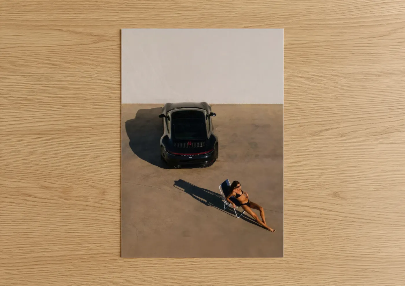 Sports car art print on warm oak wood — beige and black palette — Desert Surfer poster