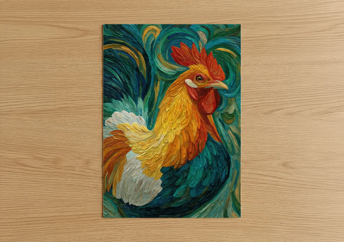 Chicken and roosters art print on warm oak wood — gold and teal palette — Golden Rooster Portrait poster