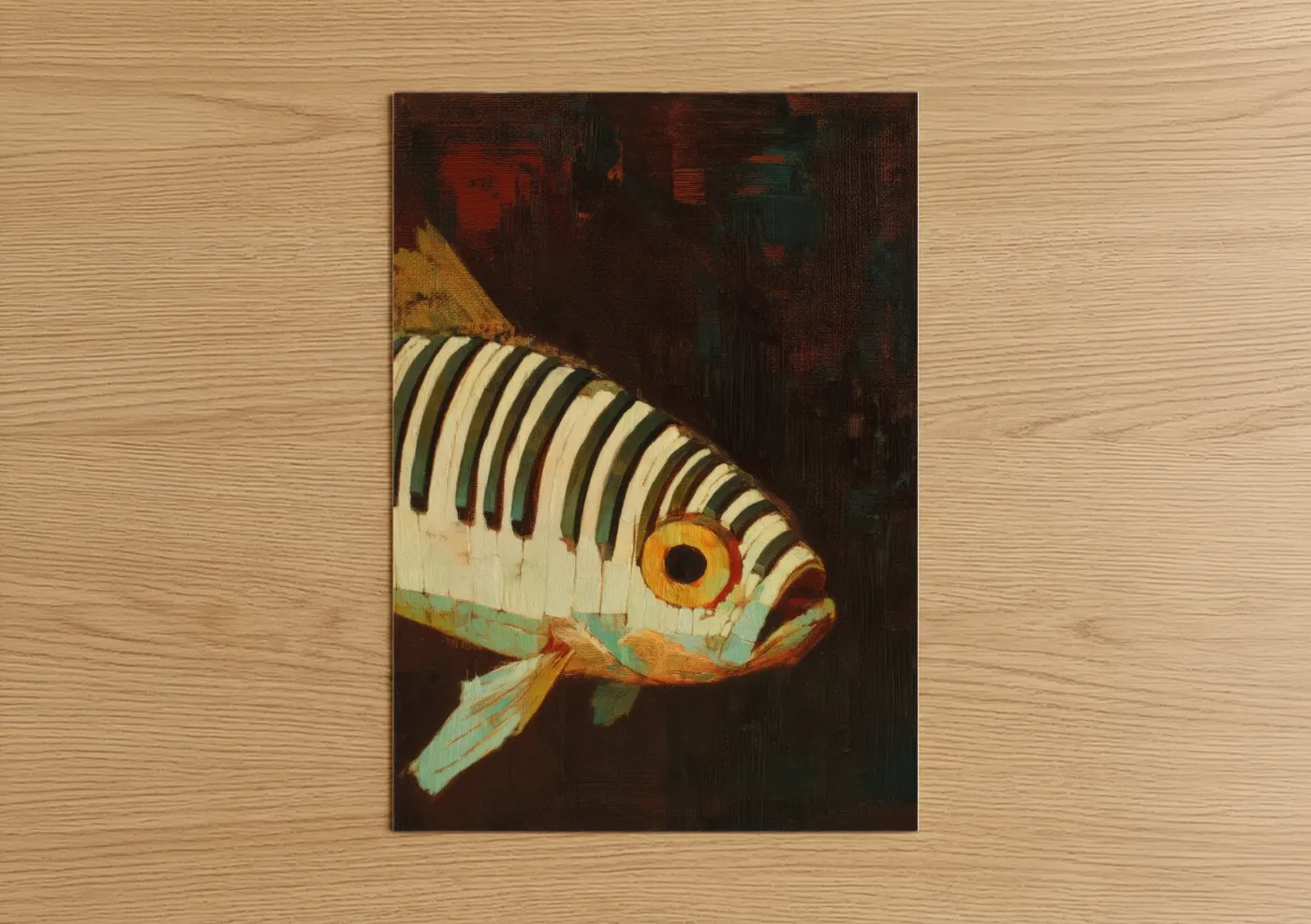 Art print on warm oak wood — black and gold palette — Striped Zebrafish poster