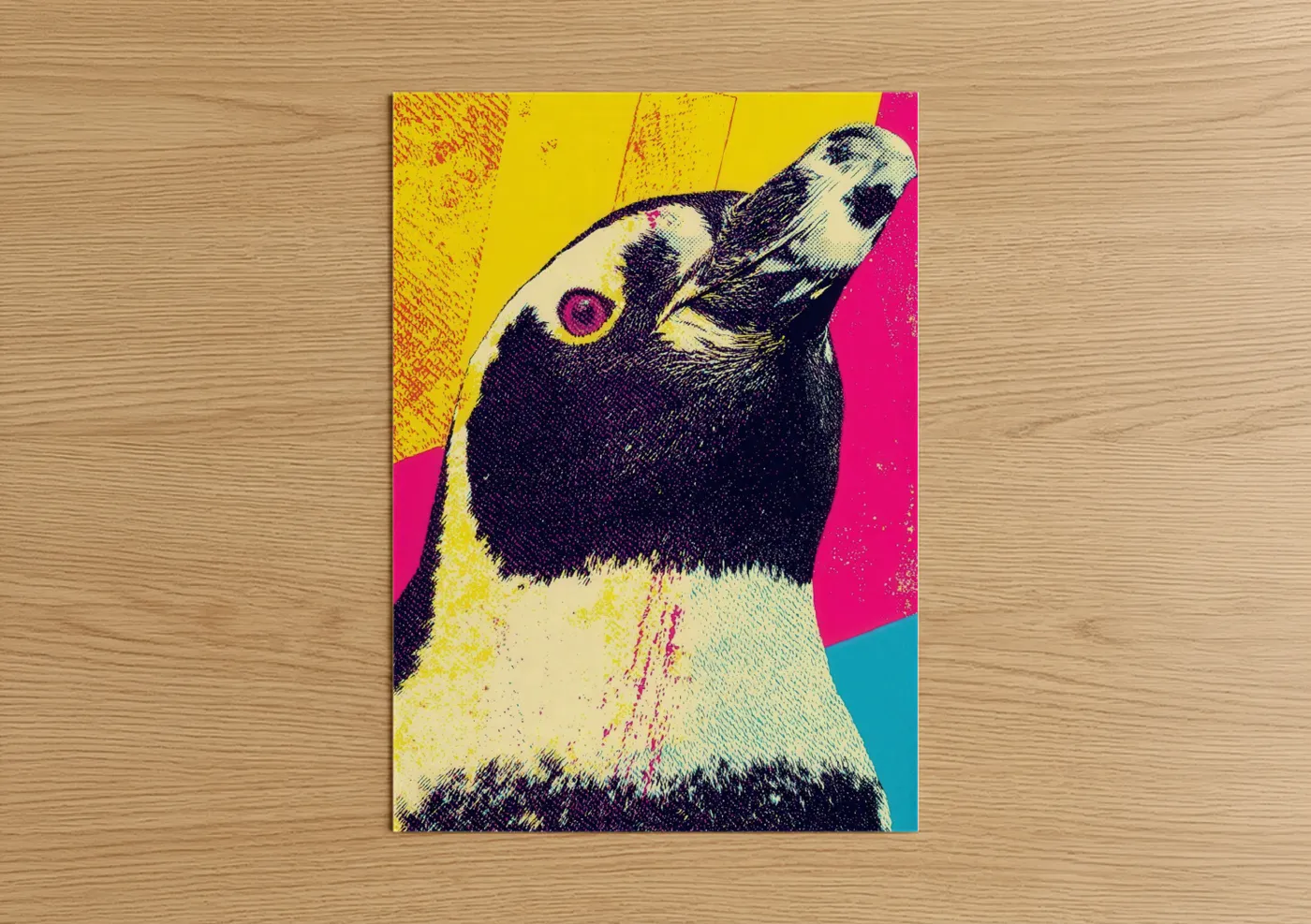 Art print on warm oak wood — magenta and yellow gold palette — Pop Art Penguin poster