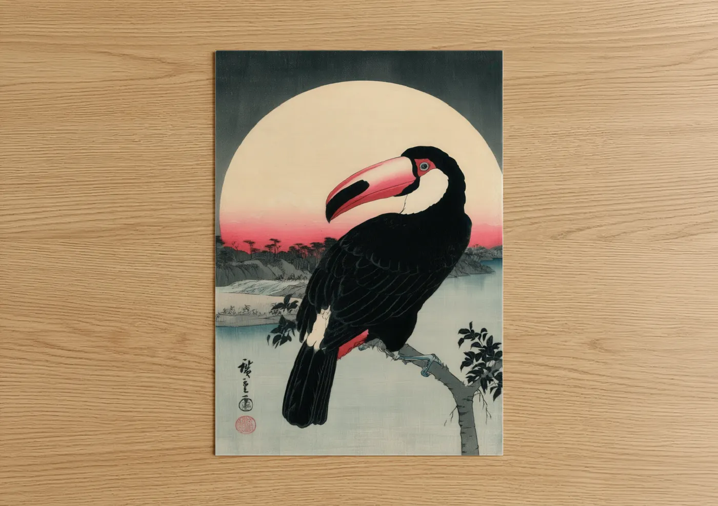 Art print on warm oak wood — salmon pink and black palette — Sunset Toucan poster