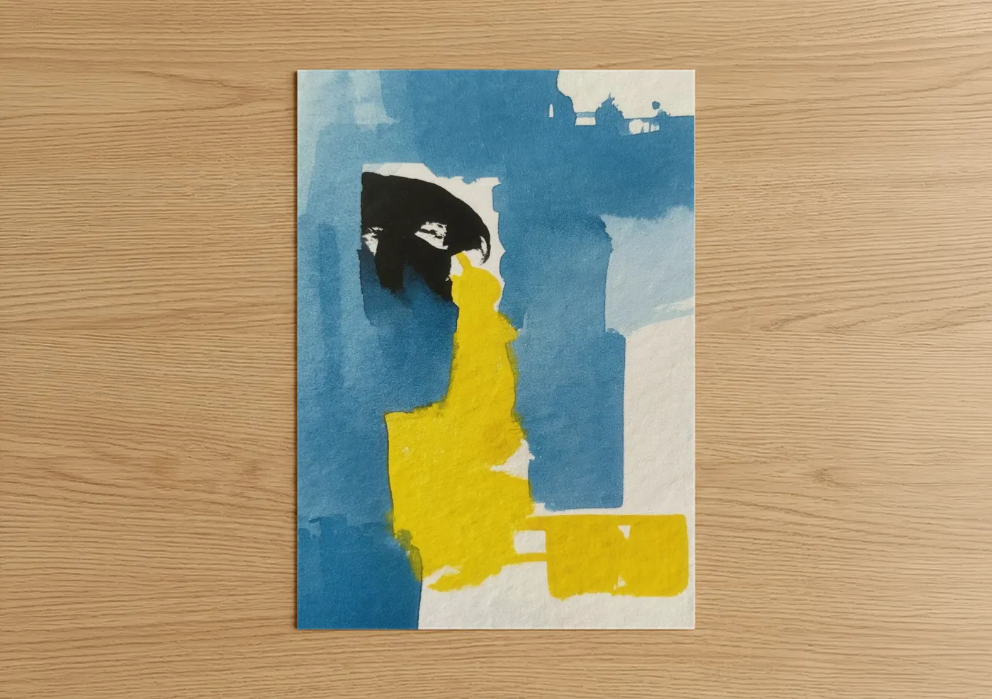 Abstract classic art print on warm oak wood — blue and yellow palette — Urban Silhouette poster