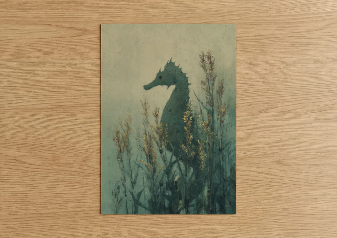 Sea horse art print on warm oak wood — teal and gold palette — Seagrass Seahorse poster