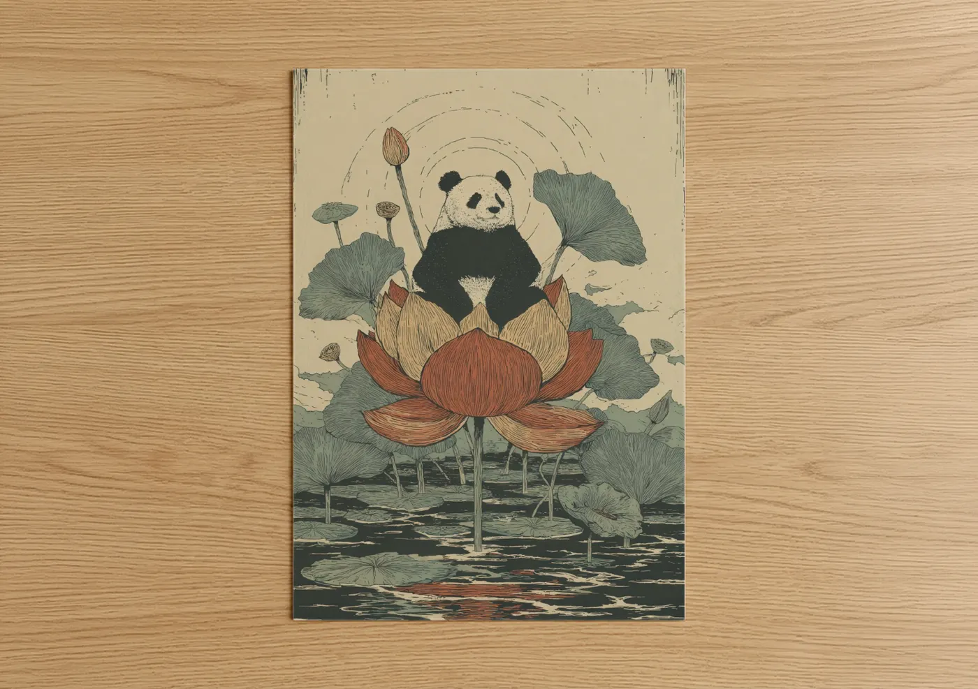Panda in Lotus Flower Zen Wall Art
