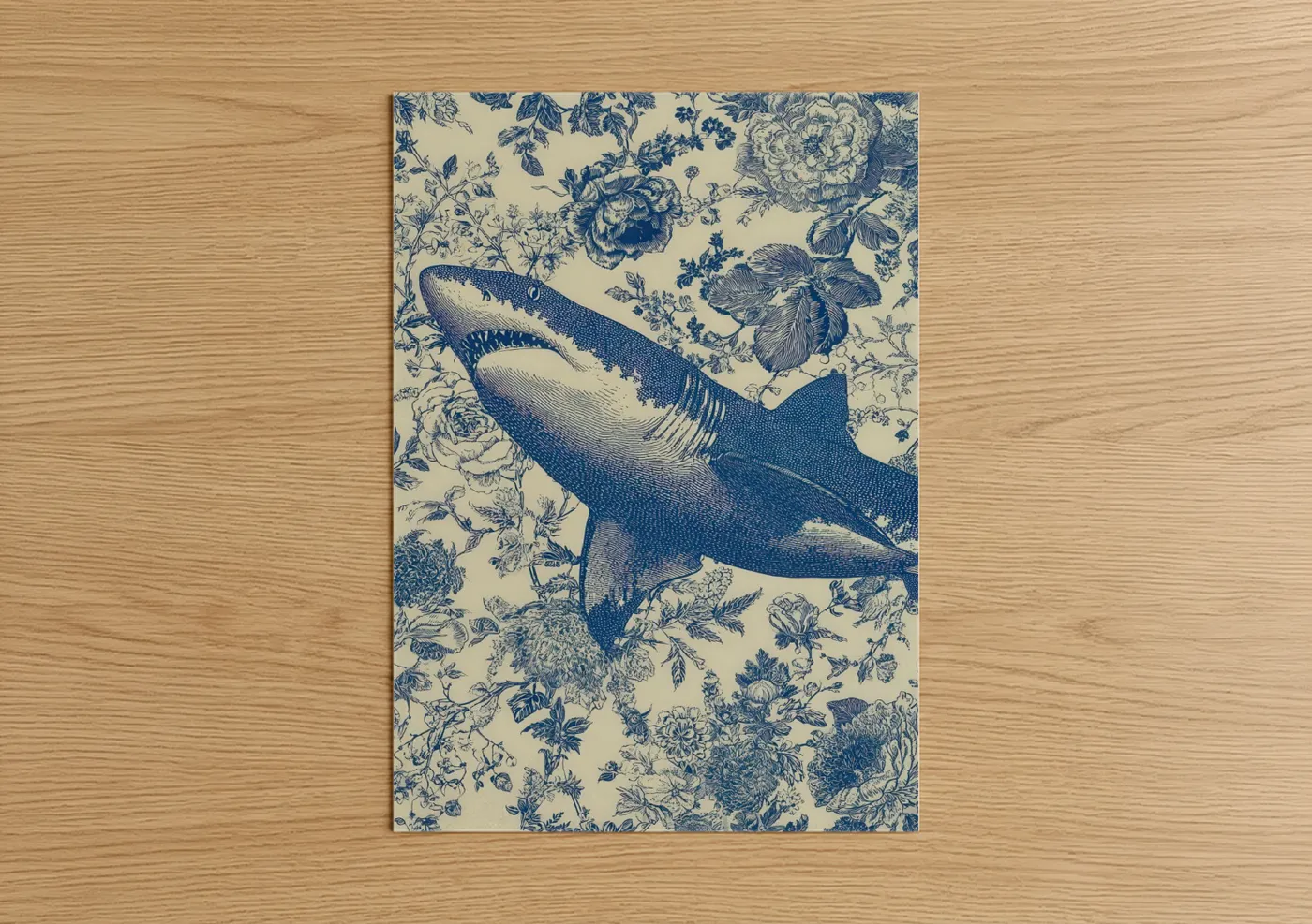 Blue Shark Botanical Toile Pattern Wall Art