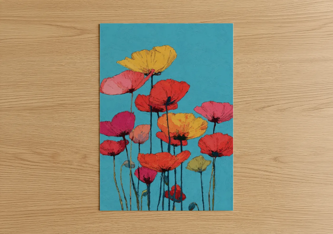 Vibrant Poppy Flowers Turquoise Background Wall Art