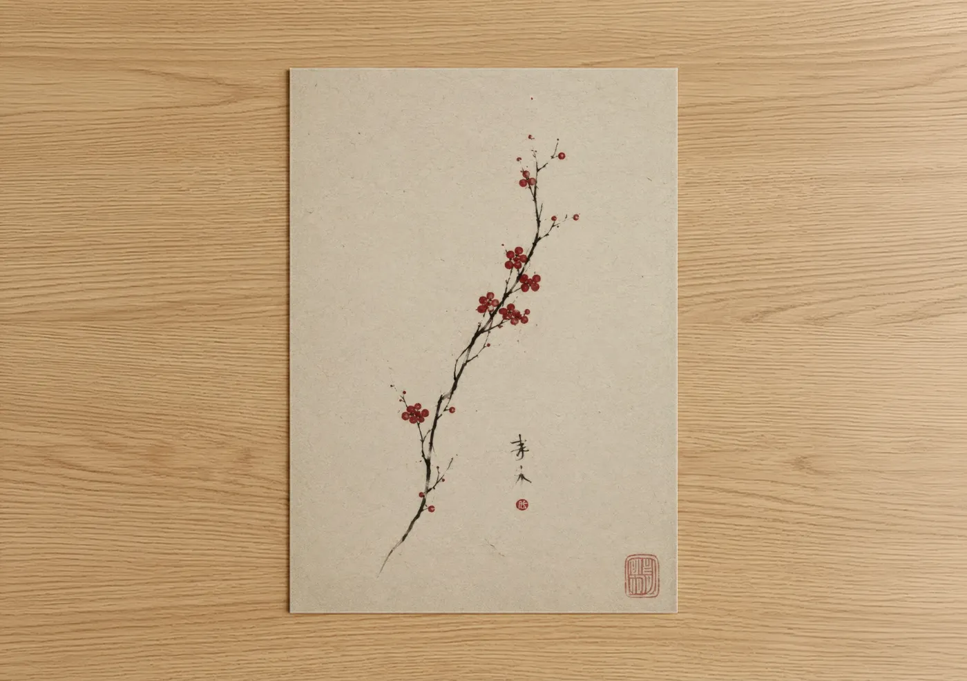 Cherry blossoms art print on warm oak wood — beige and maroon palette — Japanese Cherry Blossom Branch Wall Art poster