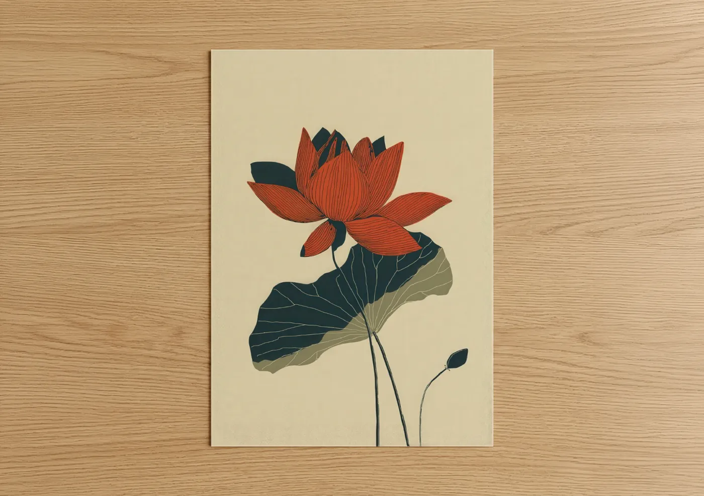 Art print on warm oak wood — red and cream palette — Crimson Lotus Bloom poster