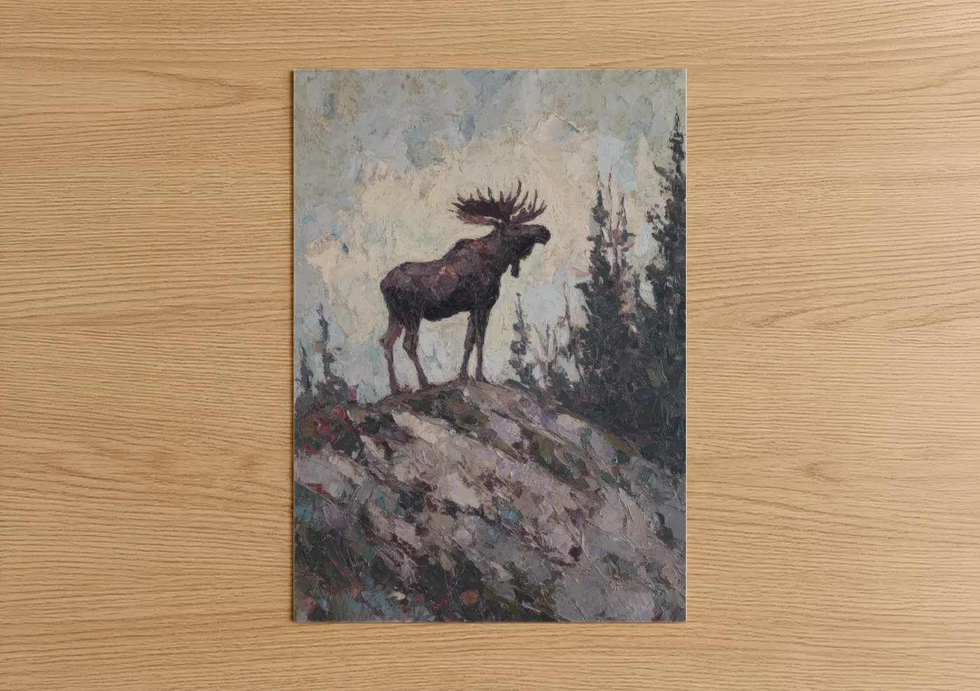 Art print on warm oak wood — cream and gray palette — Alpine Moose poster