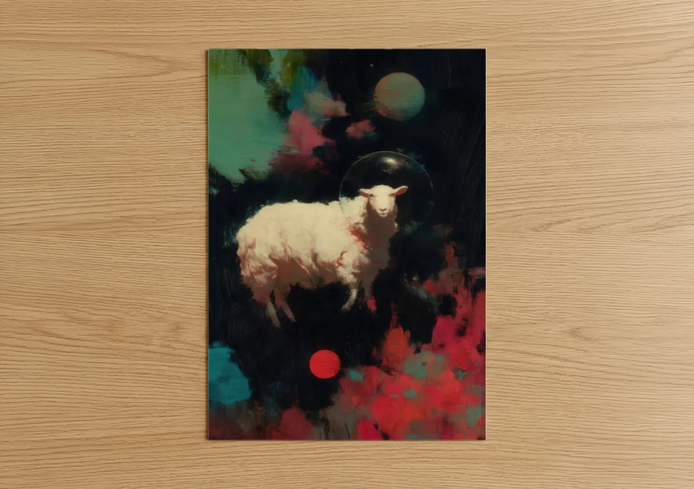 Art print on warm oak wood — teal and red palette — Cosmic Sheep poster