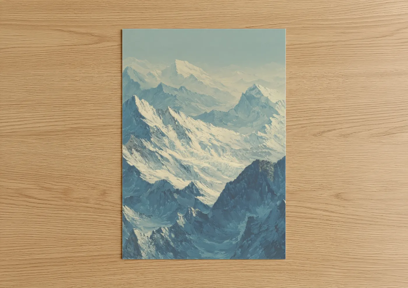 Snowy mountains art print on warm oak wood — blue and white and dove gray palette — Alpine Peaks Morning poster