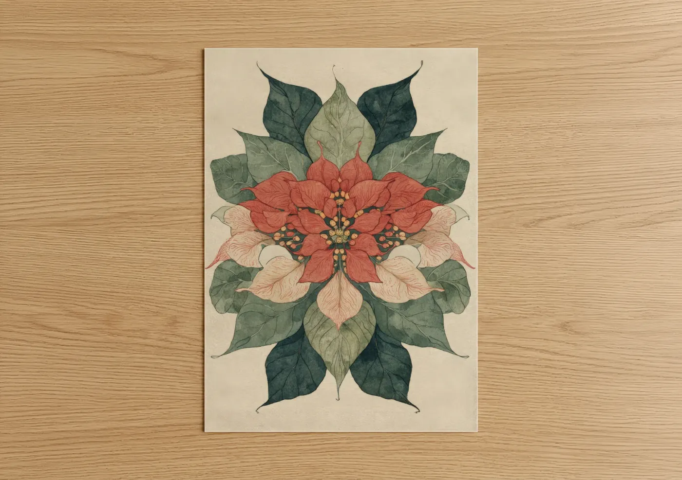 Poinsettias art print on warm oak wood — red and sage green palette — Crimson Poinsettia Mandala poster