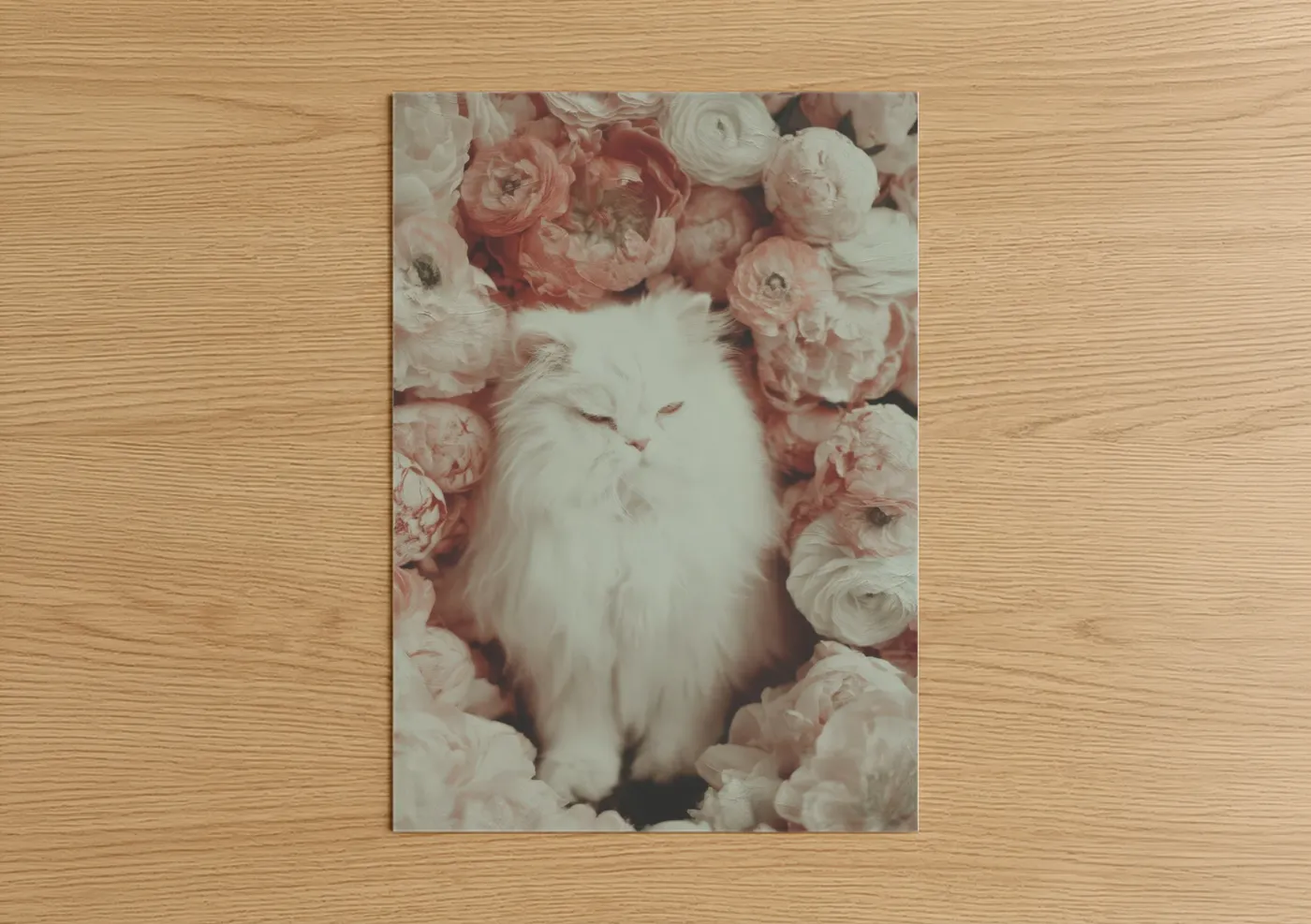 Art print on warm oak wood — white and salmon pink palette — Floral White Cat poster