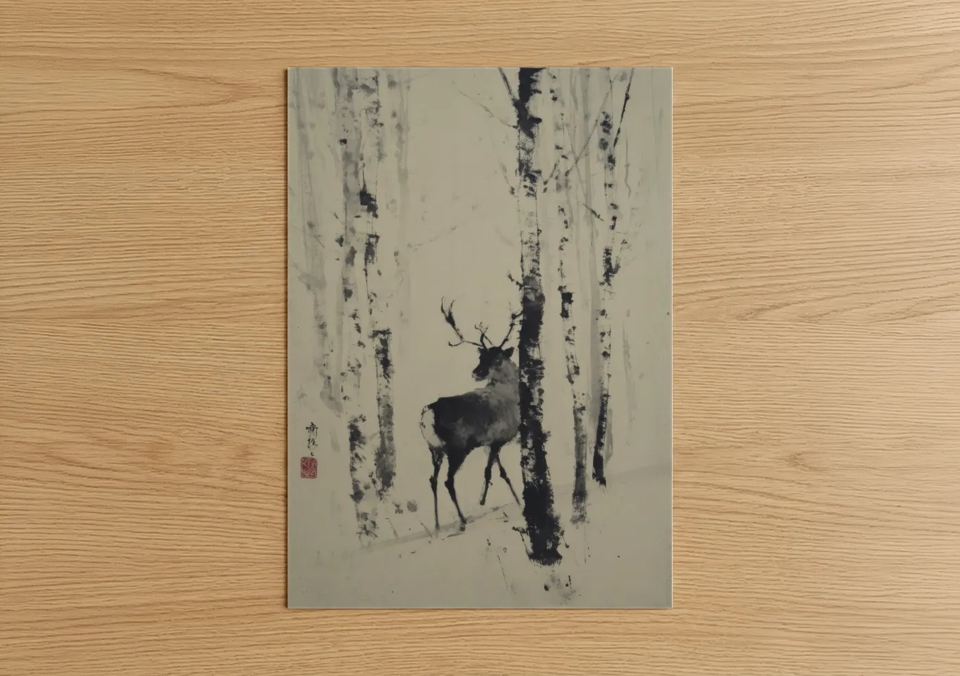 Art print on warm oak wood — black and white and gray palette — Birch Forest Reindeer poster