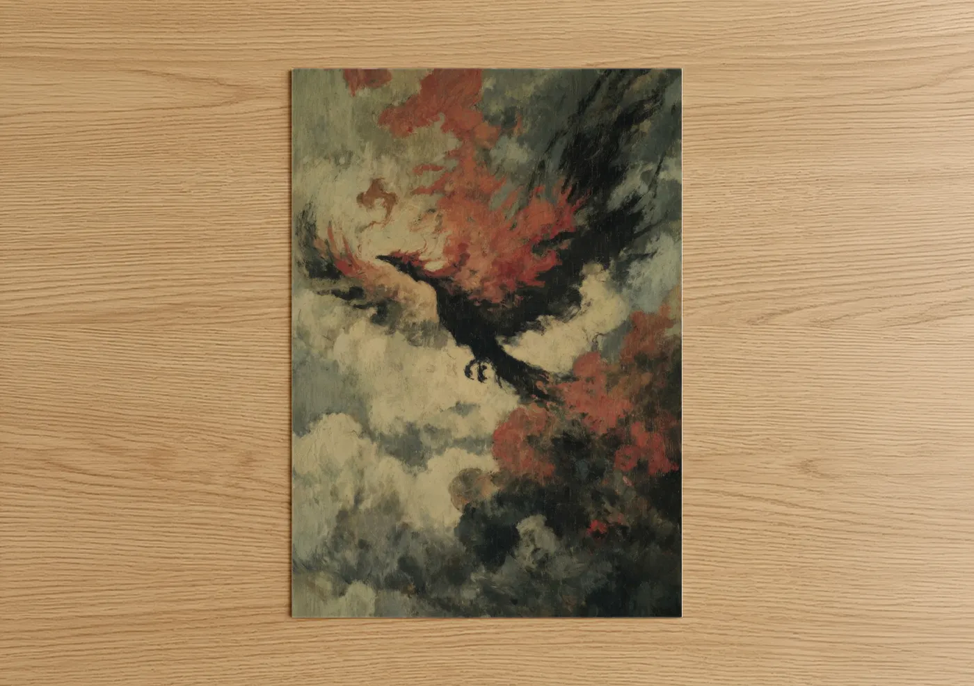 Art print on warm oak wood — russet and black and white palette — Crimson Phoenix poster